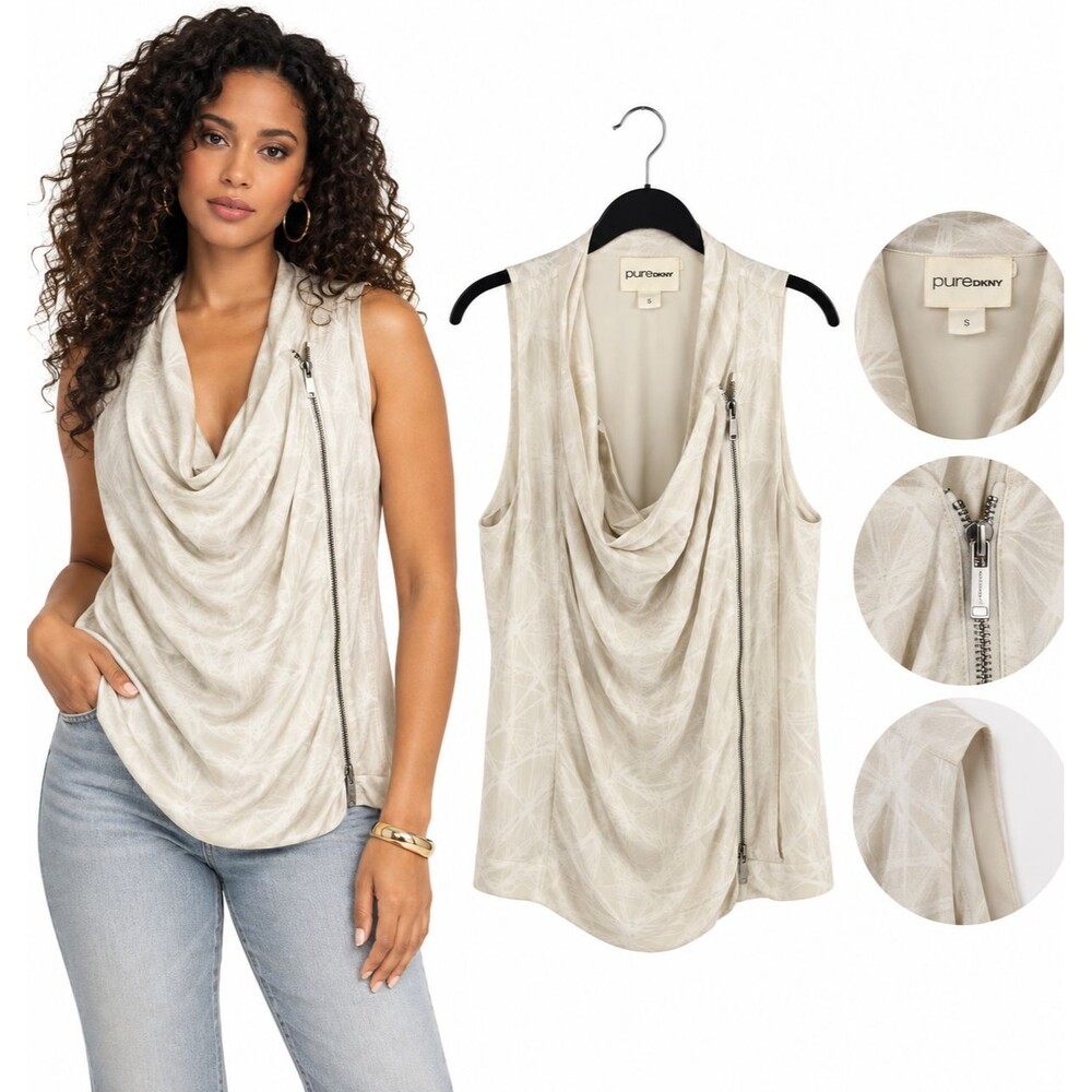 Pure DKNY Ivory Cowl Neck Asymmetrical Sleeveless Blouse Vest Size Small Silk